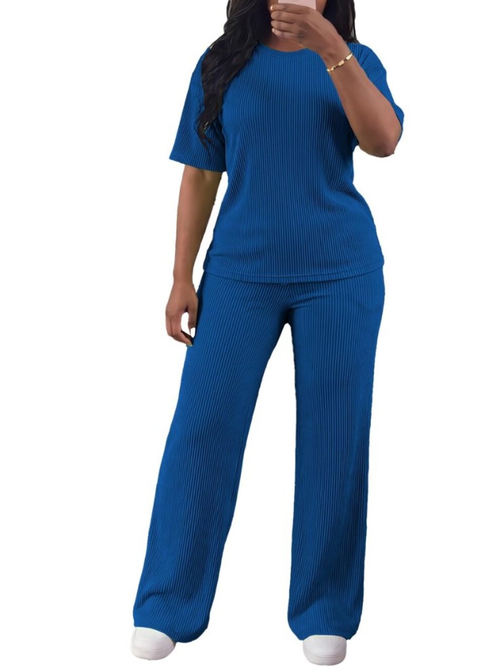 Women's 2 Piece Outfits Ribbed Knit Matching Set With Pockets
